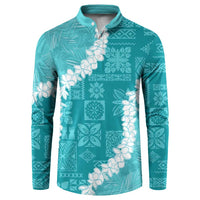 Hawaii Aloha Button Sweatshirt Teal Quilt Patch Work Mix Plumeria Lei LT7 Teal - Polynesian Pride