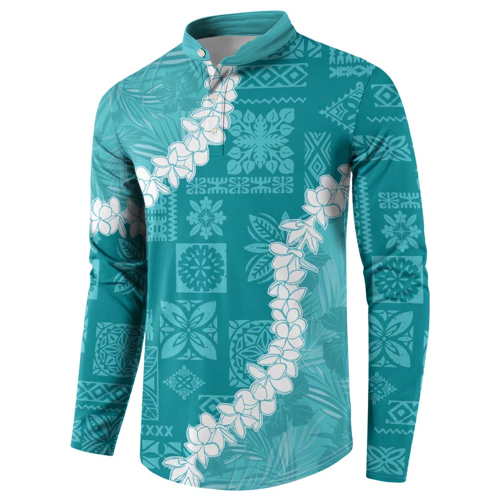Hawaii Aloha Button Sweatshirt Teal Quilt Patch Work Mix Plumeria Lei LT7 - Polynesian Pride