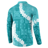 Hawaii Aloha Button Sweatshirt Teal Quilt Patch Work Mix Plumeria Lei LT7 - Polynesian Pride