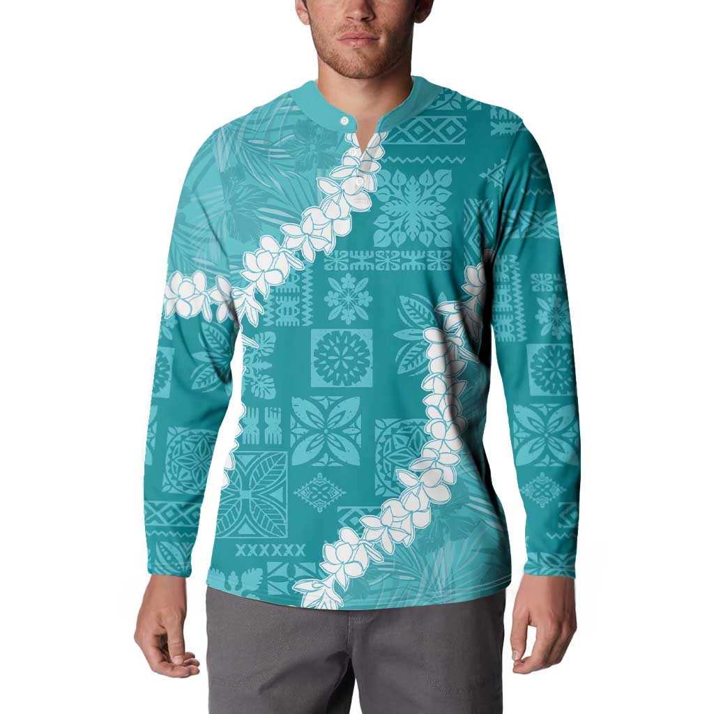 Hawaii Aloha Button Sweatshirt Teal Quilt Patch Work Mix Plumeria Lei LT7 - Polynesian Pride