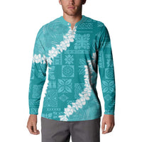 Hawaii Aloha Button Sweatshirt Teal Quilt Patch Work Mix Plumeria Lei LT7 - Polynesian Pride