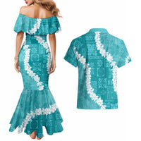 Hawaii Aloha Couples Matching Mermaid Dress and Hawaiian Shirt Teal Quilt Patch Work Mix Plumeria Lei LT7 - Polynesian Pride