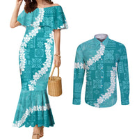 Hawaii Aloha Couples Matching Mermaid Dress and Long Sleeve Button Shirt Teal Quilt Patch Work Mix Plumeria Lei LT7 Teal - Polynesian Pride