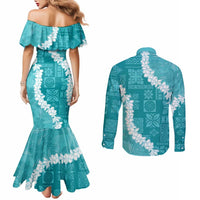 Hawaii Aloha Couples Matching Mermaid Dress and Long Sleeve Button Shirt Teal Quilt Patch Work Mix Plumeria Lei LT7 - Polynesian Pride