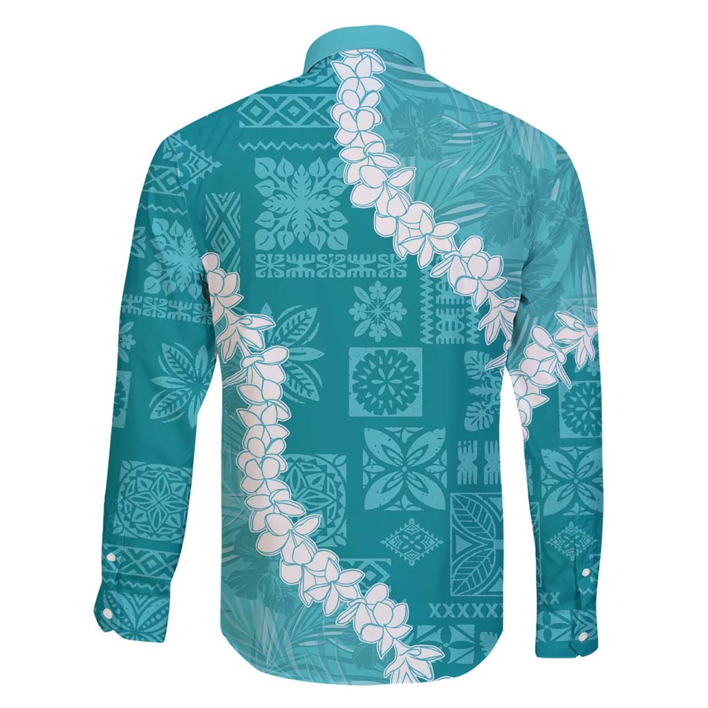 Hawaii Aloha Family Matching Long Sleeve Bodycon Dress and Hawaiian Shirt Teal Quilt Patch Work Mix Plumeria Lei LT7 - Polynesian Pride