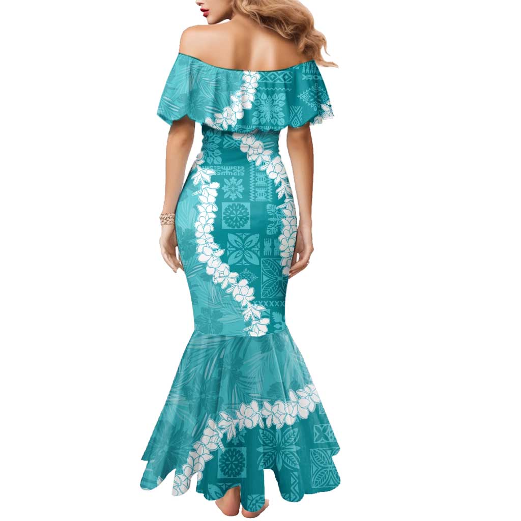 Hawaii Aloha Family Matching Mermaid Dress and Hawaiian Shirt Teal Quilt Patch Work Mix Plumeria Lei