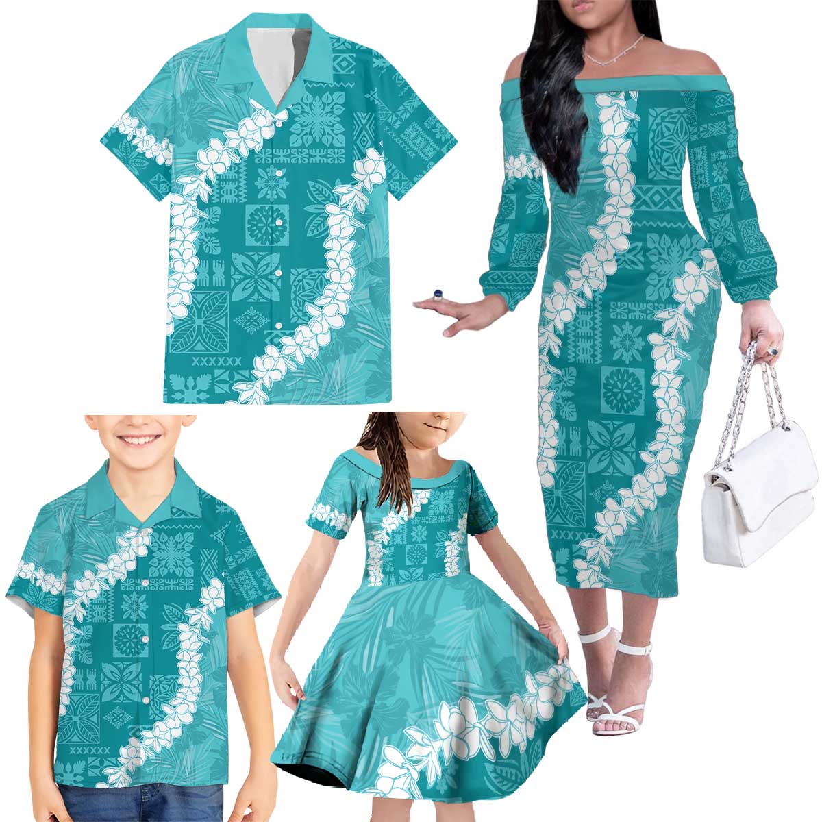 Hawaii Aloha Family Matching Off The Shoulder Long Sleeve Dress and Hawaiian Shirt Teal Quilt Patch Work Mix Plumeria Lei LT7 - Polynesian Pride
