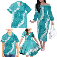 Hawaii Aloha Family Matching Off The Shoulder Long Sleeve Dress and Hawaiian Shirt Teal Quilt Patch Work Mix Plumeria Lei LT7 - Polynesian Pride