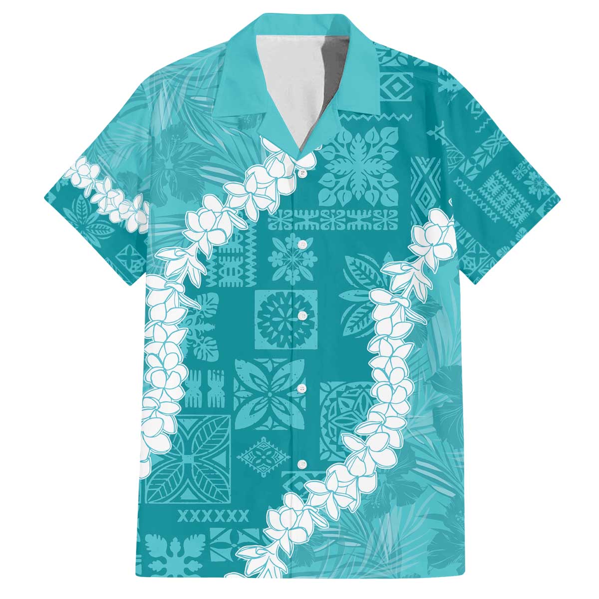 Hawaii Aloha Family Matching Off The Shoulder Long Sleeve Dress and Hawaiian Shirt Teal Quilt Patch Work Mix Plumeria Lei LT7 Dad's Shirt - Short Sleeve Teal - Polynesian Pride