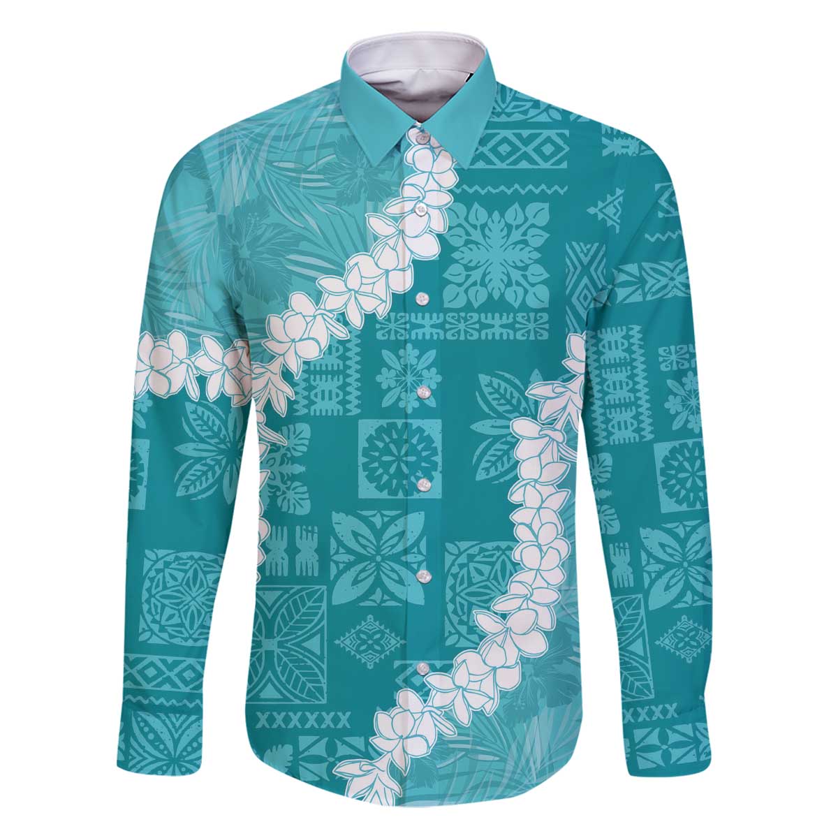 Hawaii Aloha Family Matching Off The Shoulder Long Sleeve Dress and Hawaiian Shirt Teal Quilt Patch Work Mix Plumeria Lei LT7 Dad's Shirt - Long Sleeve Teal - Polynesian Pride