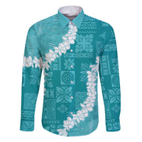 Hawaii Aloha Family Matching Off The Shoulder Long Sleeve Dress and Hawaiian Shirt Teal Quilt Patch Work Mix Plumeria Lei LT7 Dad's Shirt - Long Sleeve Teal - Polynesian Pride