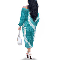 Hawaii Aloha Family Matching Off The Shoulder Long Sleeve Dress and Hawaiian Shirt Teal Quilt Patch Work Mix Plumeria Lei LT7 - Polynesian Pride