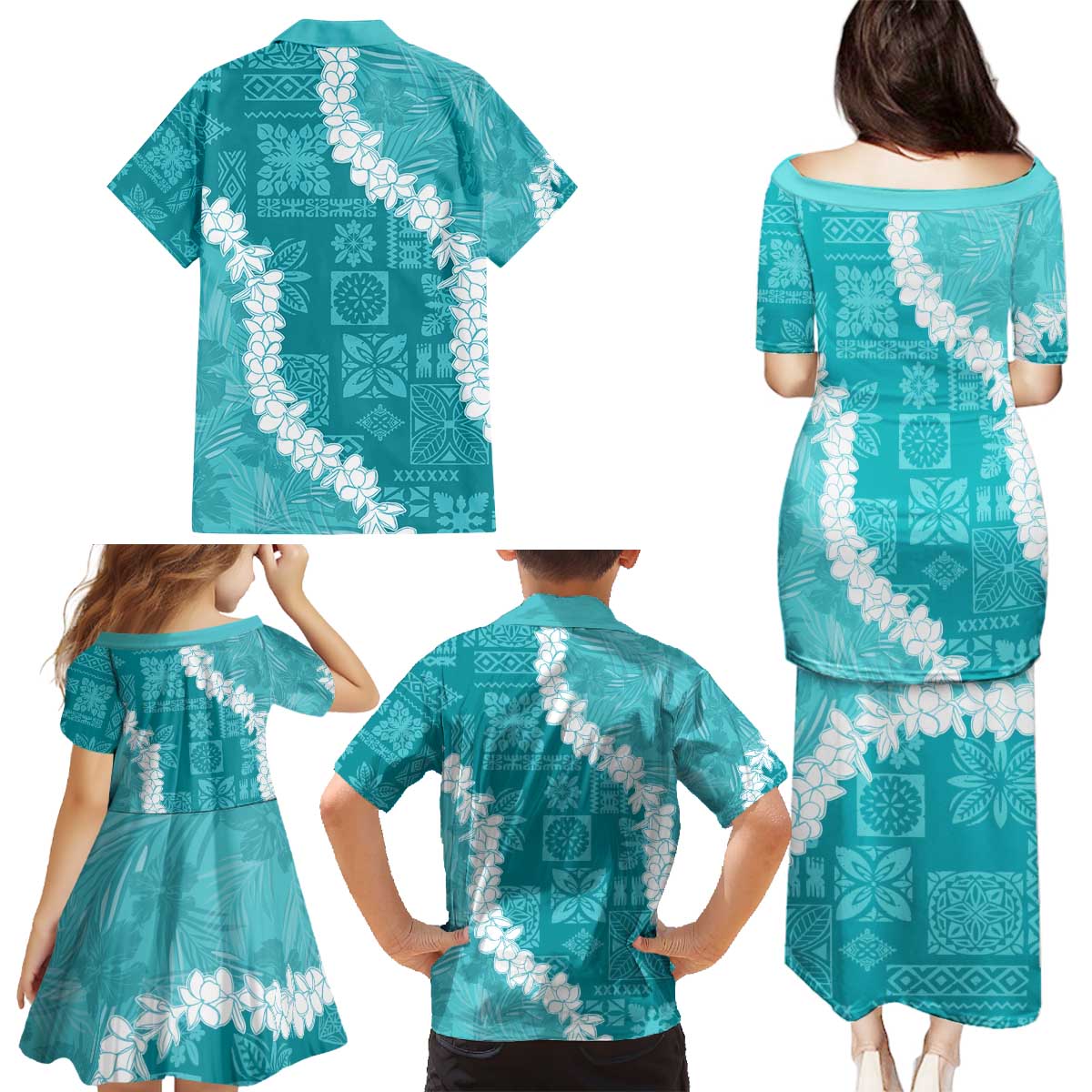 Hawaii Aloha Family Matching Puletasi and Hawaiian Shirt Teal Quilt Patch Work Mix Plumeria Lei LT7 - Polynesian Pride
