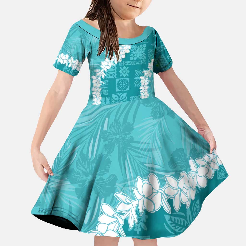 Hawaii Aloha Family Matching Short Sleeve Bodycon Dress and Hawaiian Shirt Teal Quilt Patch Work Mix Plumeria Lei LT7 Daughter's Dress Teal - Polynesian Pride
