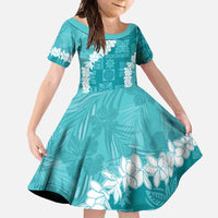 Hawaii Aloha Family Matching Short Sleeve Bodycon Dress and Hawaiian Shirt Teal Quilt Patch Work Mix Plumeria Lei LT7 Daughter's Dress Teal - Polynesian Pride