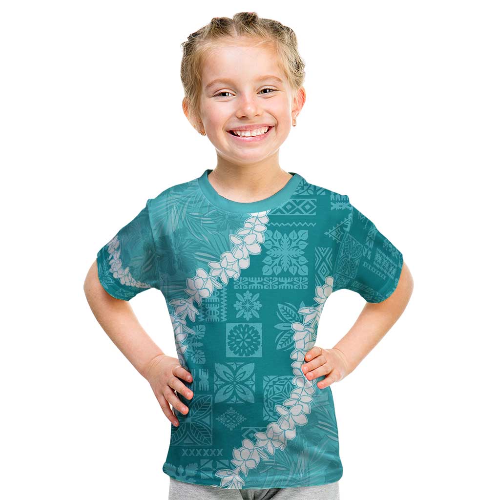 Hawaii Aloha Kid T Shirt Teal Quilt Patch Work Mix Plumeria Lei LT7 Teal - Polynesian Pride