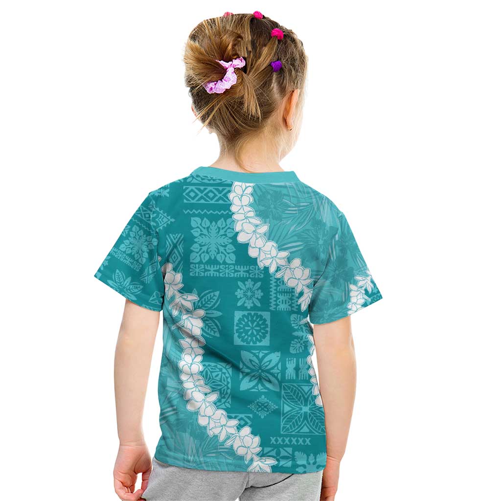 Hawaii Aloha Kid T Shirt Teal Quilt Patch Work Mix Plumeria Lei LT7 - Polynesian Pride