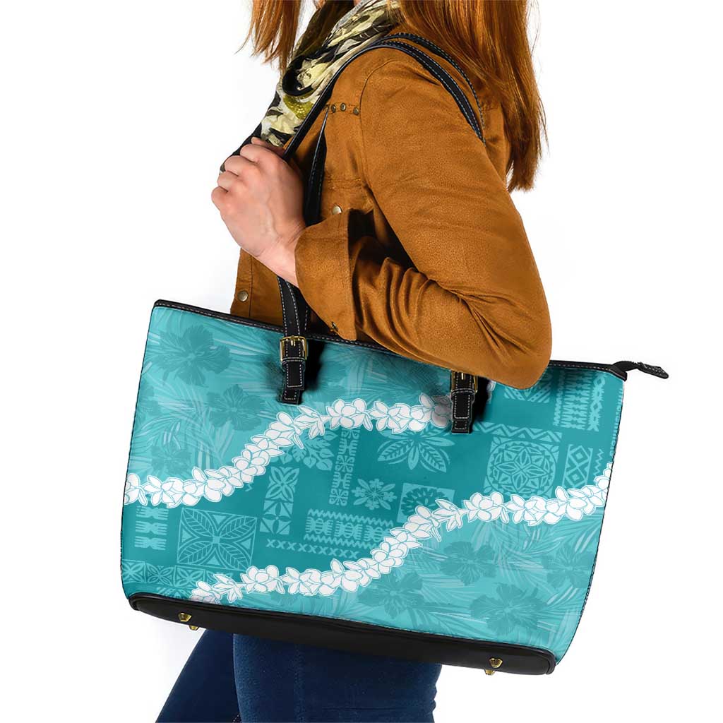 Hawaii Aloha Leather Tote Bag Teal Quilt Patch Work Mix Plumeria Lei LT7 Teal - Polynesian Pride