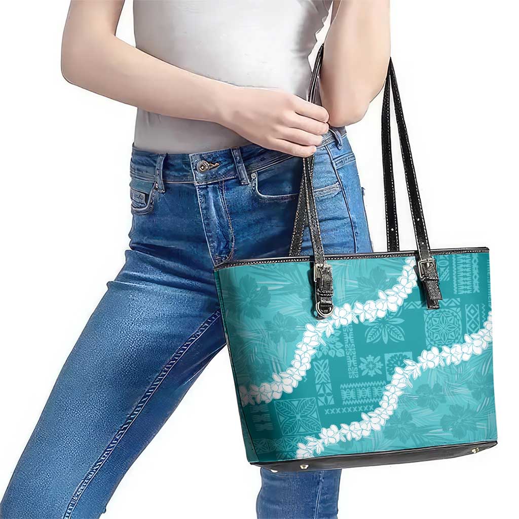 Hawaii Aloha Leather Tote Bag Teal Quilt Patch Work Mix Plumeria Lei LT7 - Polynesian Pride