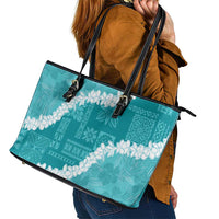 Hawaii Aloha Leather Tote Bag Teal Quilt Patch Work Mix Plumeria Lei LT7 - Polynesian Pride