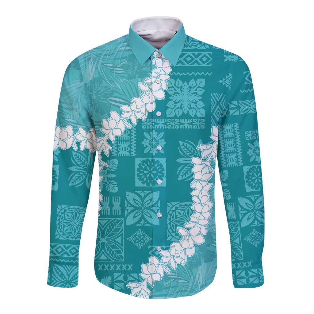 Hawaii Aloha Long Sleeve Button Shirt Teal Quilt Patch Work Mix Plumeria Lei LT7 Unisex Teal - Polynesian Pride