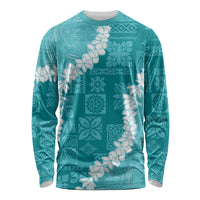 Hawaii Aloha Long Sleeve Shirt Teal Quilt Patch Work Mix Plumeria Lei LT7 Unisex Teal - Polynesian Pride