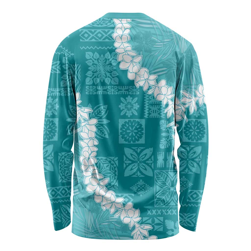 Hawaii Aloha Long Sleeve Shirt Teal Quilt Patch Work Mix Plumeria Lei LT7 - Polynesian Pride