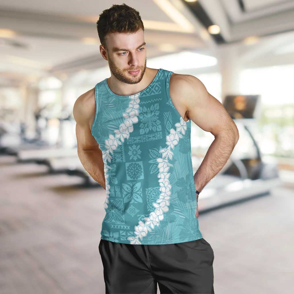 Hawaii Aloha Men Tank Top Teal Quilt Patch Work Mix Plumeria Lei LT7 Teal - Polynesian Pride