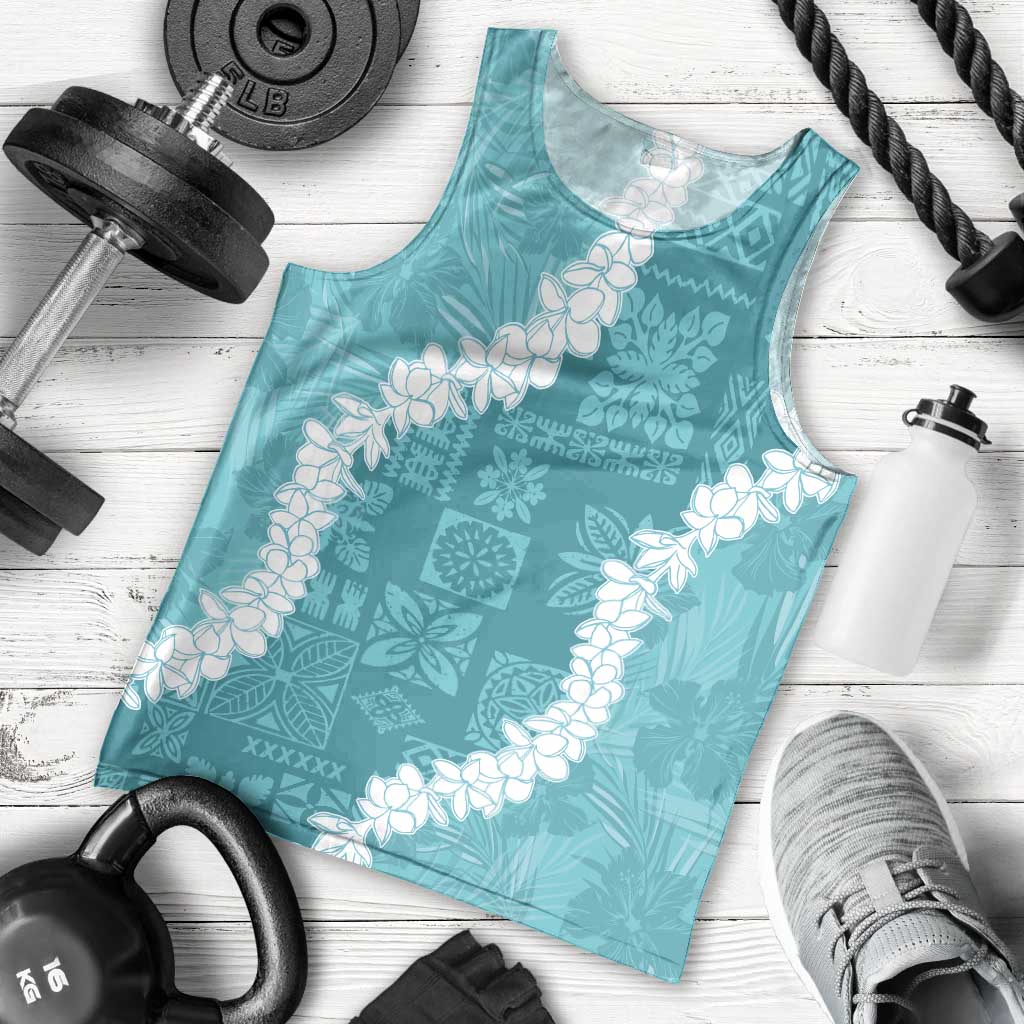 Hawaii Aloha Men Tank Top Teal Quilt Patch Work Mix Plumeria Lei LT7 - Polynesian Pride