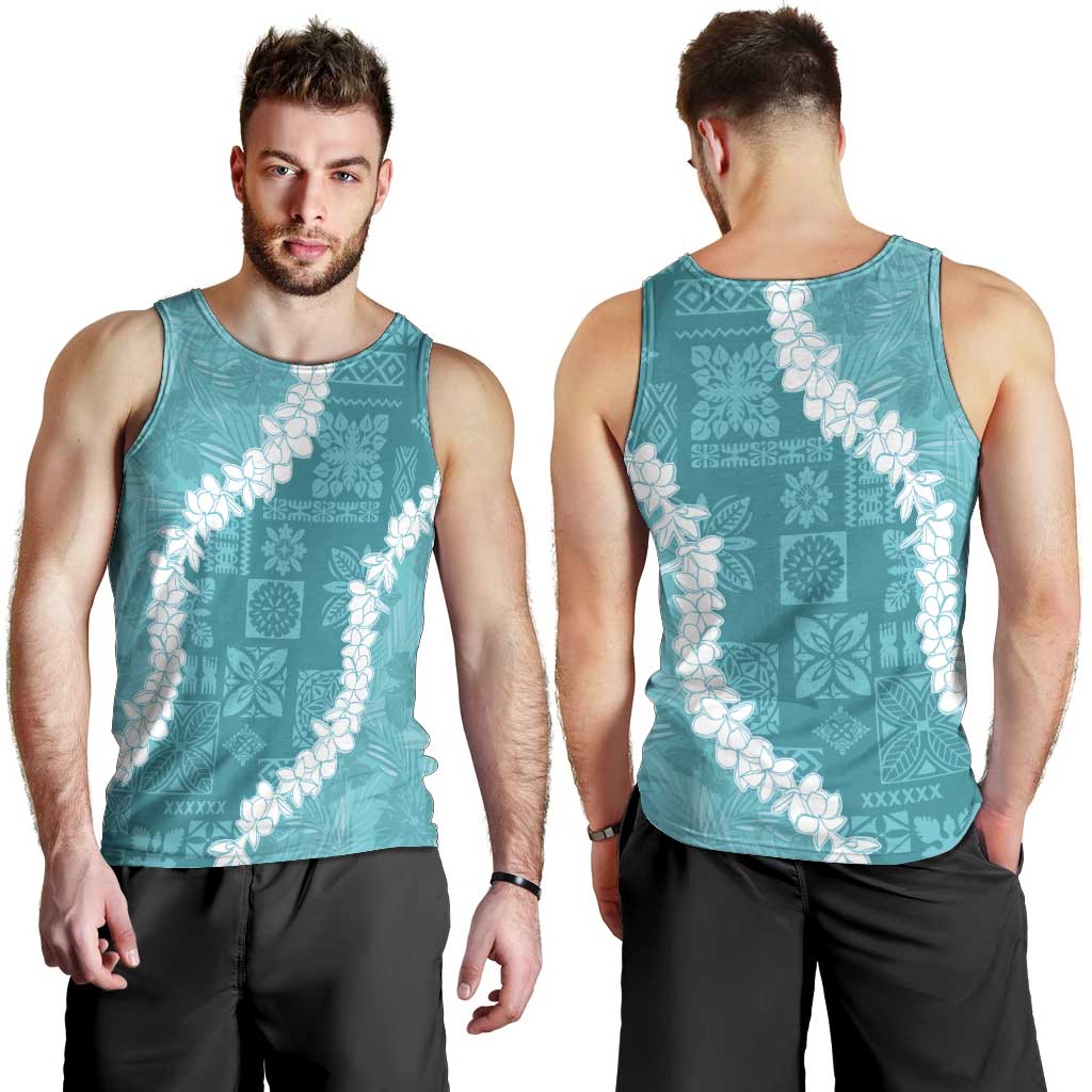 Hawaii Aloha Men Tank Top Teal Quilt Patch Work Mix Plumeria Lei LT7 - Polynesian Pride
