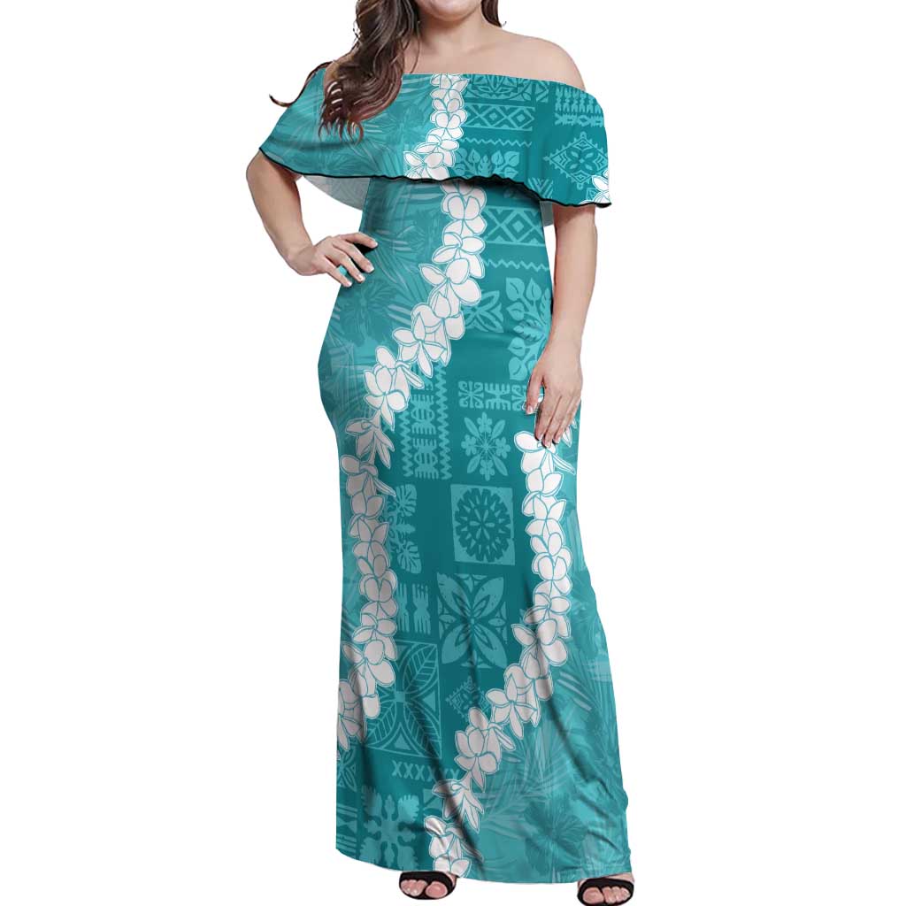 Hawaii Aloha Off Shoulder Maxi Dress Teal Quilt Patch Work Mix Plumeria Lei LT7 Women Teal - Polynesian Pride
