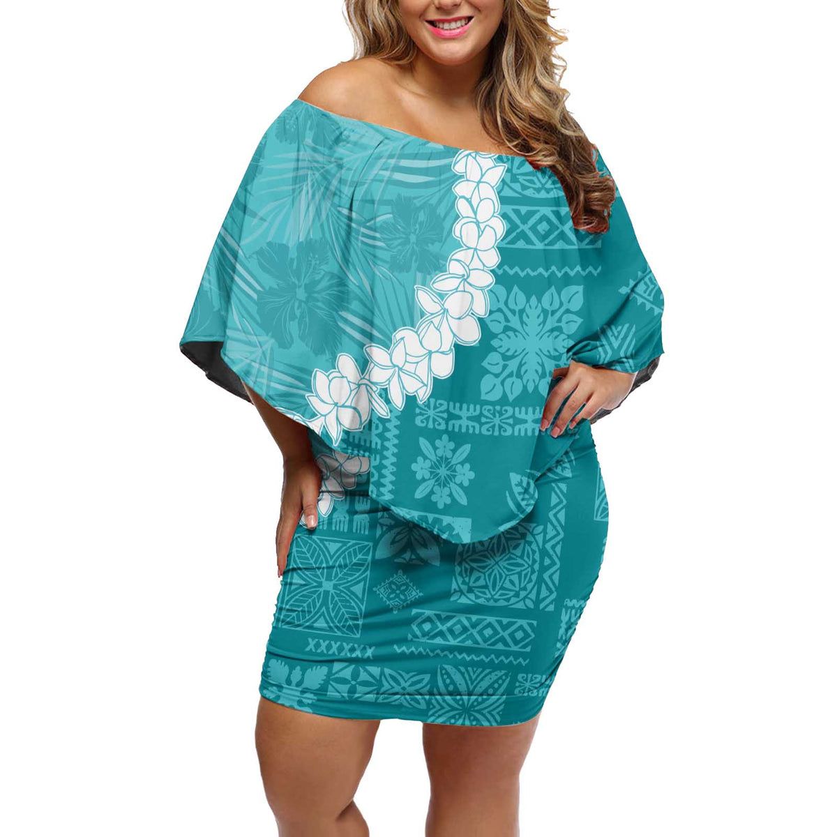 Hawaii Aloha Off Shoulder Short Dress Teal Quilt Patch Work Mix Plumeria Lei LT7 Women Teal - Polynesian Pride