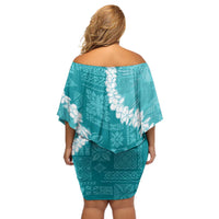 Hawaii Aloha Off Shoulder Short Dress Teal Quilt Patch Work Mix Plumeria Lei LT7 - Polynesian Pride