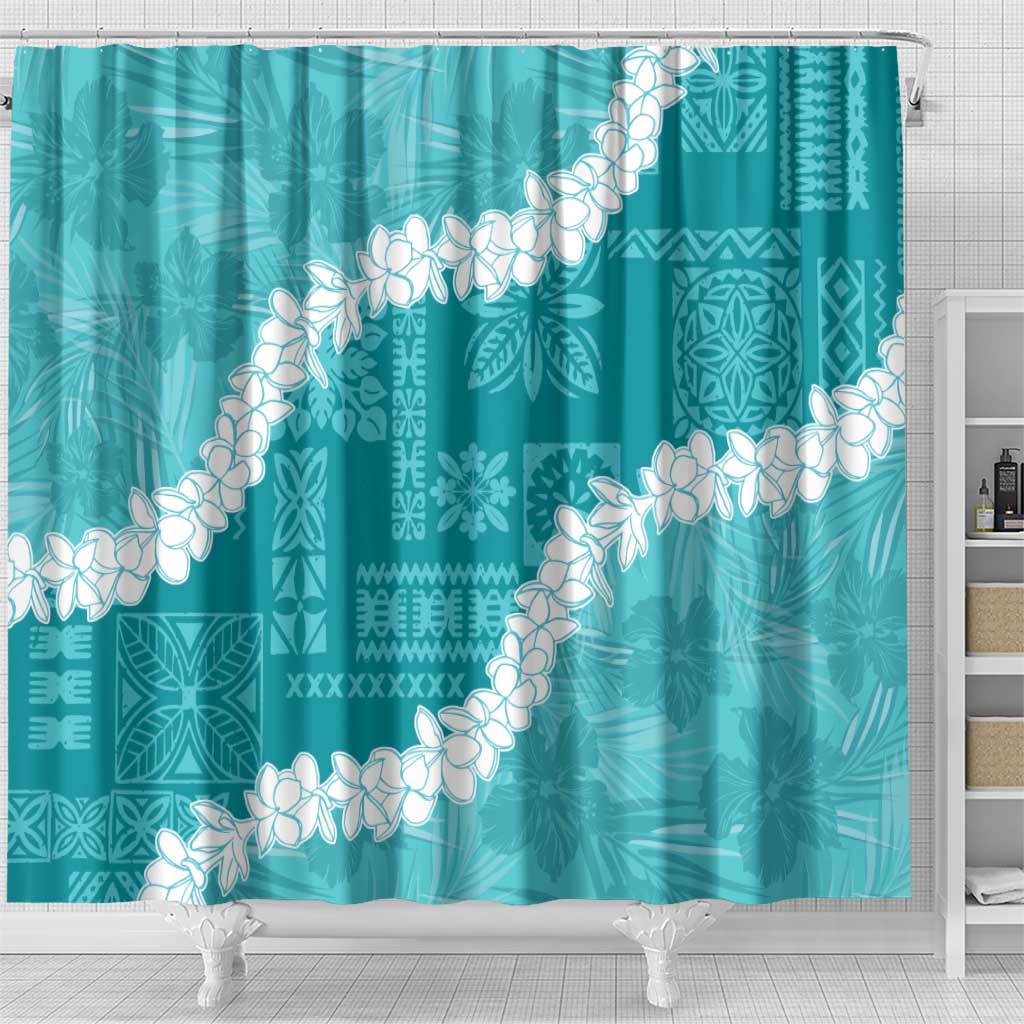 Hawaii Aloha Shower Curtain Teal Quilt Patch Work Mix Plumeria Lei LT7 - Polynesian Pride