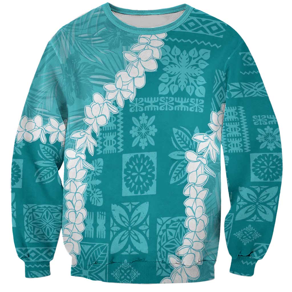 Hawaii Aloha Sweatshirt Teal Quilt Patch Work Mix Plumeria Lei LT7 Unisex Teal - Polynesian Pride