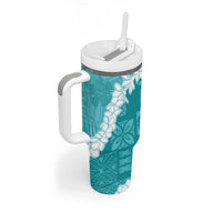 Hawaii Aloha Tumbler With Handle Teal Quilt Patch Work Mix Plumeria Lei