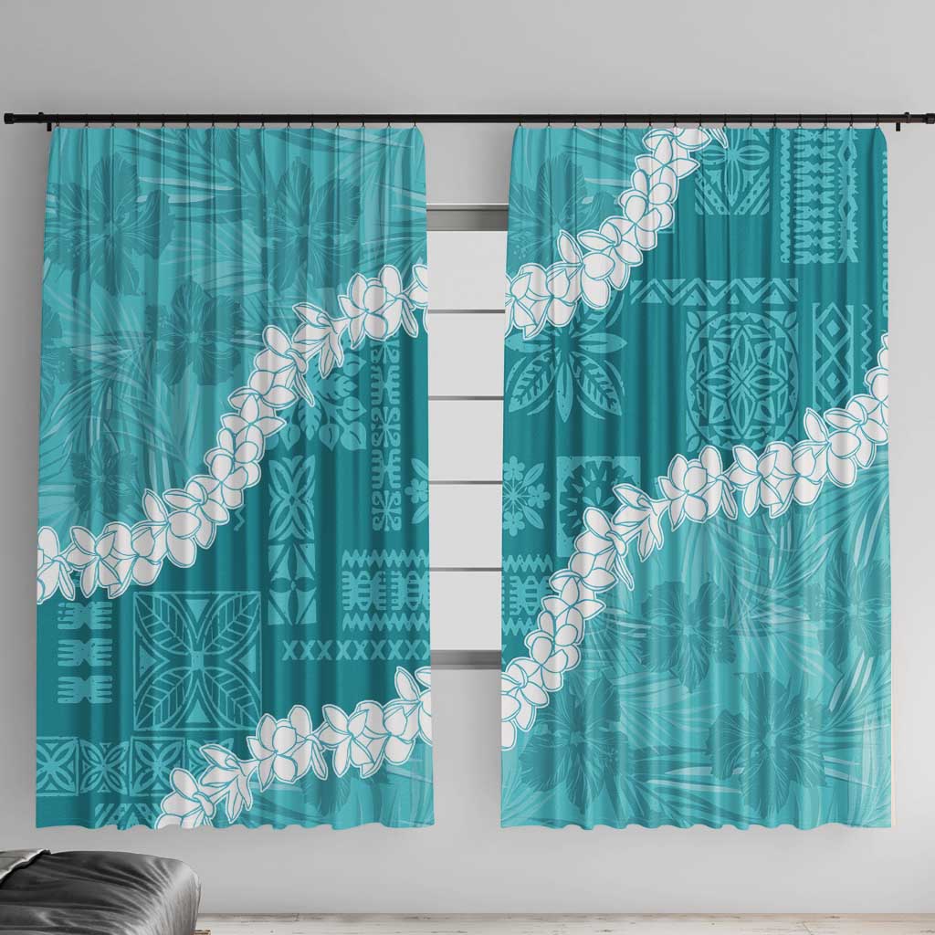 Hawaii Aloha Window Curtain Teal Quilt Patch Work Mix Plumeria Lei LT7 With Hooks Teal - Polynesian Pride