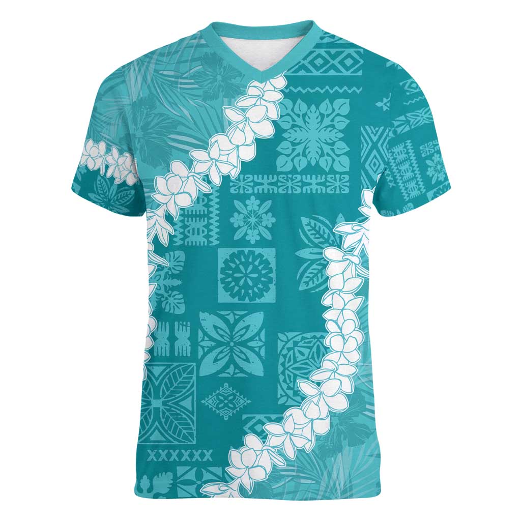 Hawaii Aloha Women V-Neck T-Shirt Teal Quilt Patch Work Mix Plumeria Lei LT7 Female Teal - Polynesian Pride