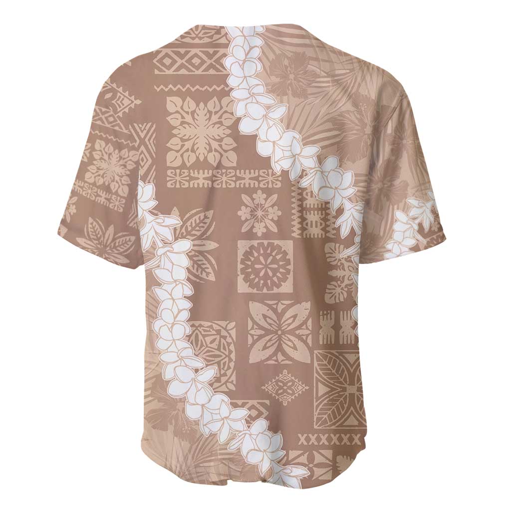 Hawaii Aloha Baseball Jersey Beige Quilt Patch Work Mix Plumeria Lei LT7 - Polynesian Pride