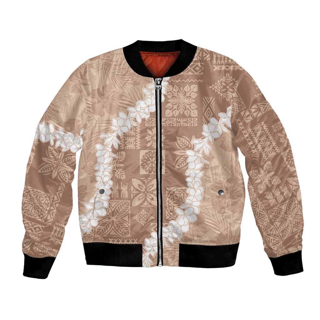 Hawaii Aloha Bomber Jacket Beige Quilt Patch Work Mix Plumeria Lei LT7 Unisex Beige - Polynesian Pride