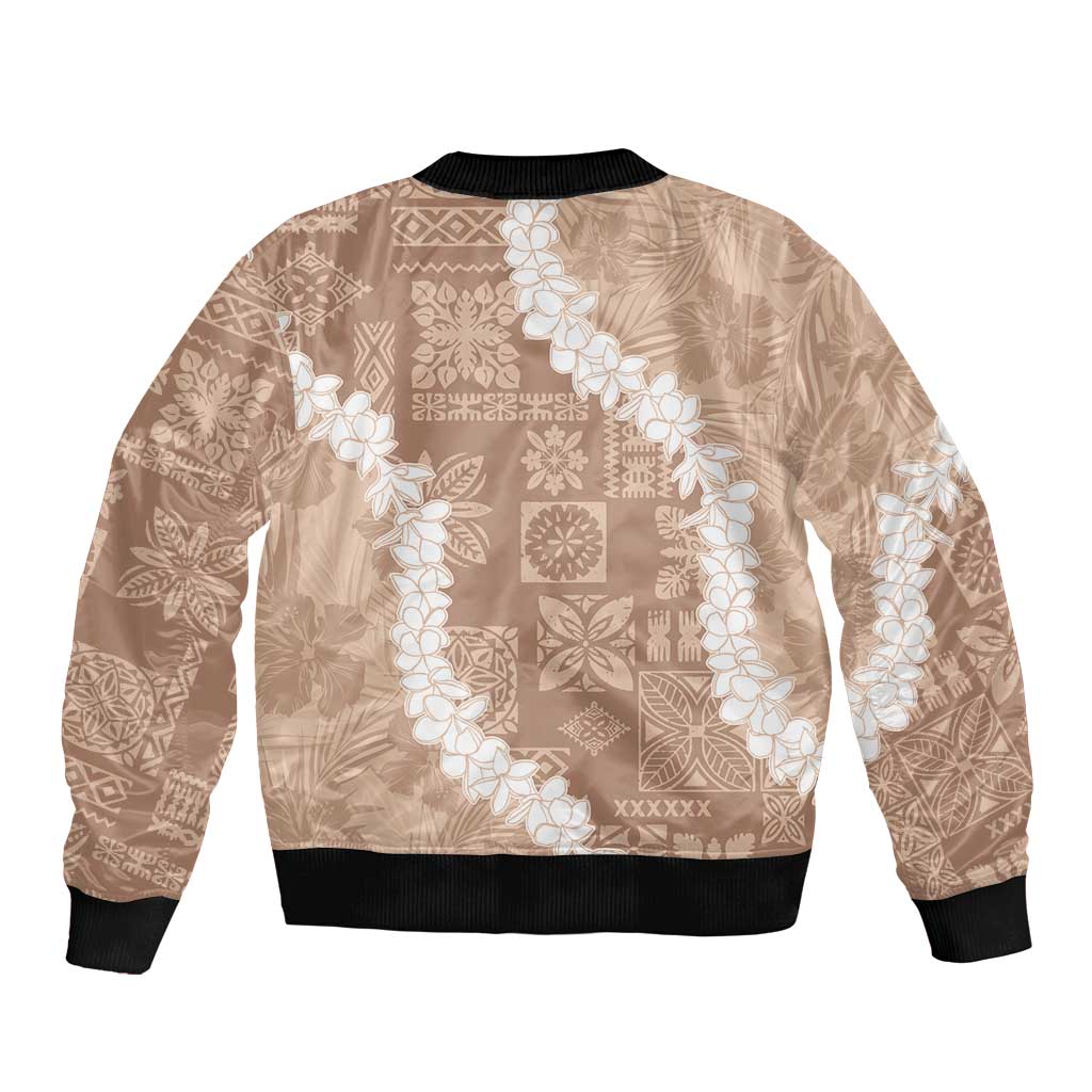 Hawaii Aloha Bomber Jacket Beige Quilt Patch Work Mix Plumeria Lei LT7 - Polynesian Pride