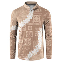 Hawaii Aloha Button Sweatshirt Beige Quilt Patch Work Mix Plumeria Lei LT7 Beige - Polynesian Pride