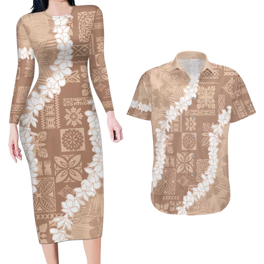 Hawaii Aloha Couples Matching Long Sleeve Bodycon Dress and Hawaiian Shirt Beige Quilt Patch Work Mix Plumeria Lei LT7 Beige - Polynesian Pride
