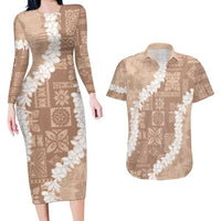 Hawaii Aloha Couples Matching Long Sleeve Bodycon Dress and Hawaiian Shirt Beige Quilt Patch Work Mix Plumeria Lei LT7 Beige - Polynesian Pride