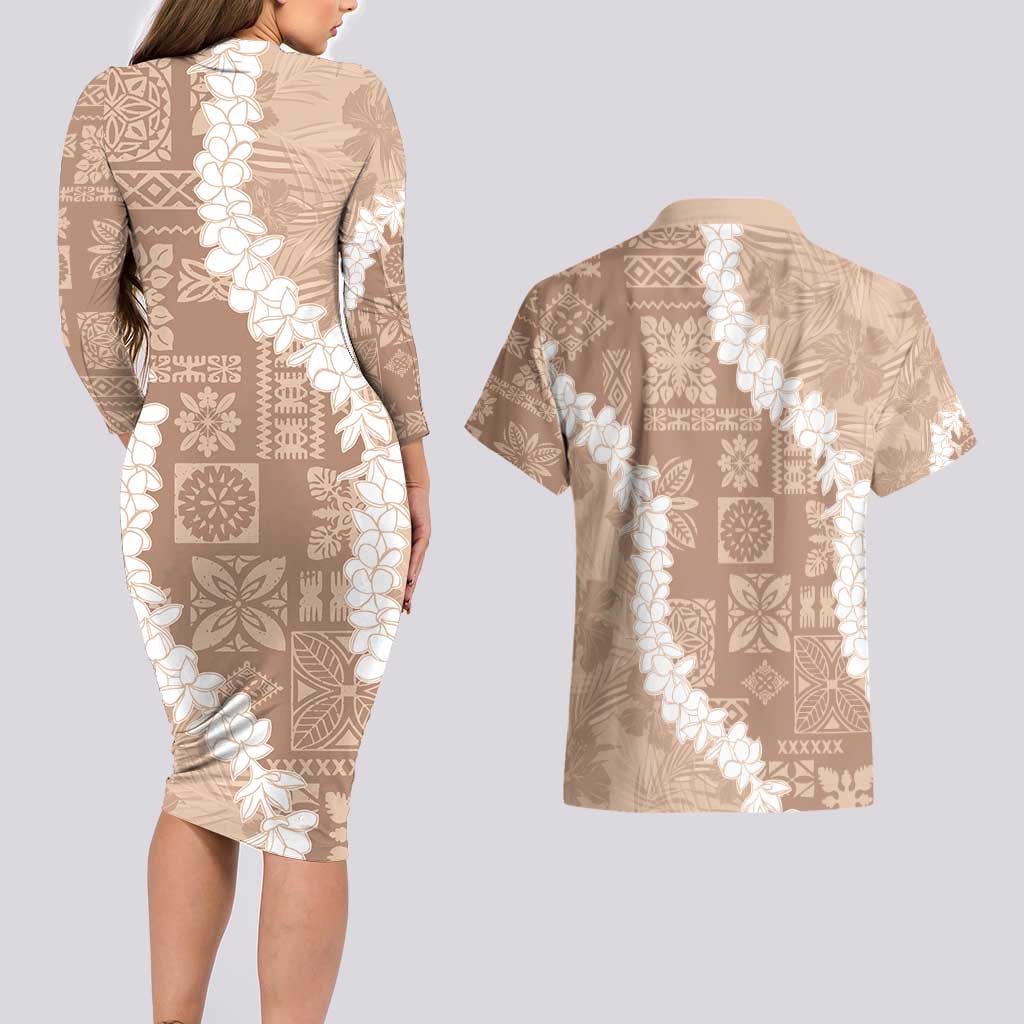 Hawaii Aloha Couples Matching Long Sleeve Bodycon Dress and Hawaiian Shirt Beige Quilt Patch Work Mix Plumeria Lei LT7 - Polynesian Pride