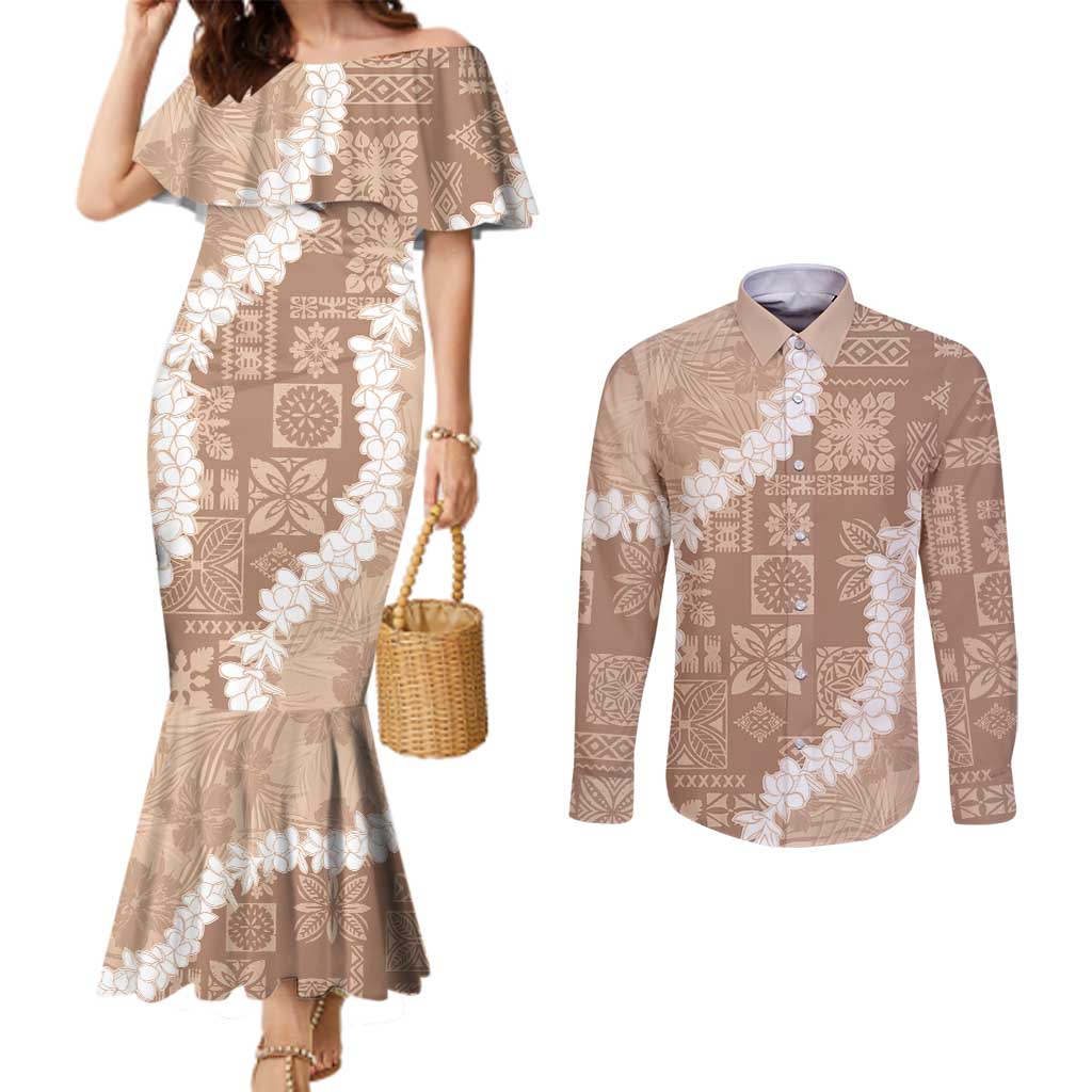 Hawaii Aloha Couples Matching Mermaid Dress and Long Sleeve Button Shirt Beige Quilt Patch Work Mix Plumeria Lei LT7 Beige - Polynesian Pride