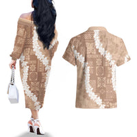 Hawaii Aloha Couples Matching Off The Shoulder Long Sleeve Dress and Hawaiian Shirt Beige Quilt Patch Work Mix Plumeria Lei LT7 - Polynesian Pride