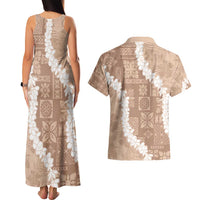 Hawaii Aloha Couples Matching Tank Maxi Dress and Hawaiian Shirt Beige Quilt Patch Work Mix Plumeria Lei LT7 - Polynesian Pride