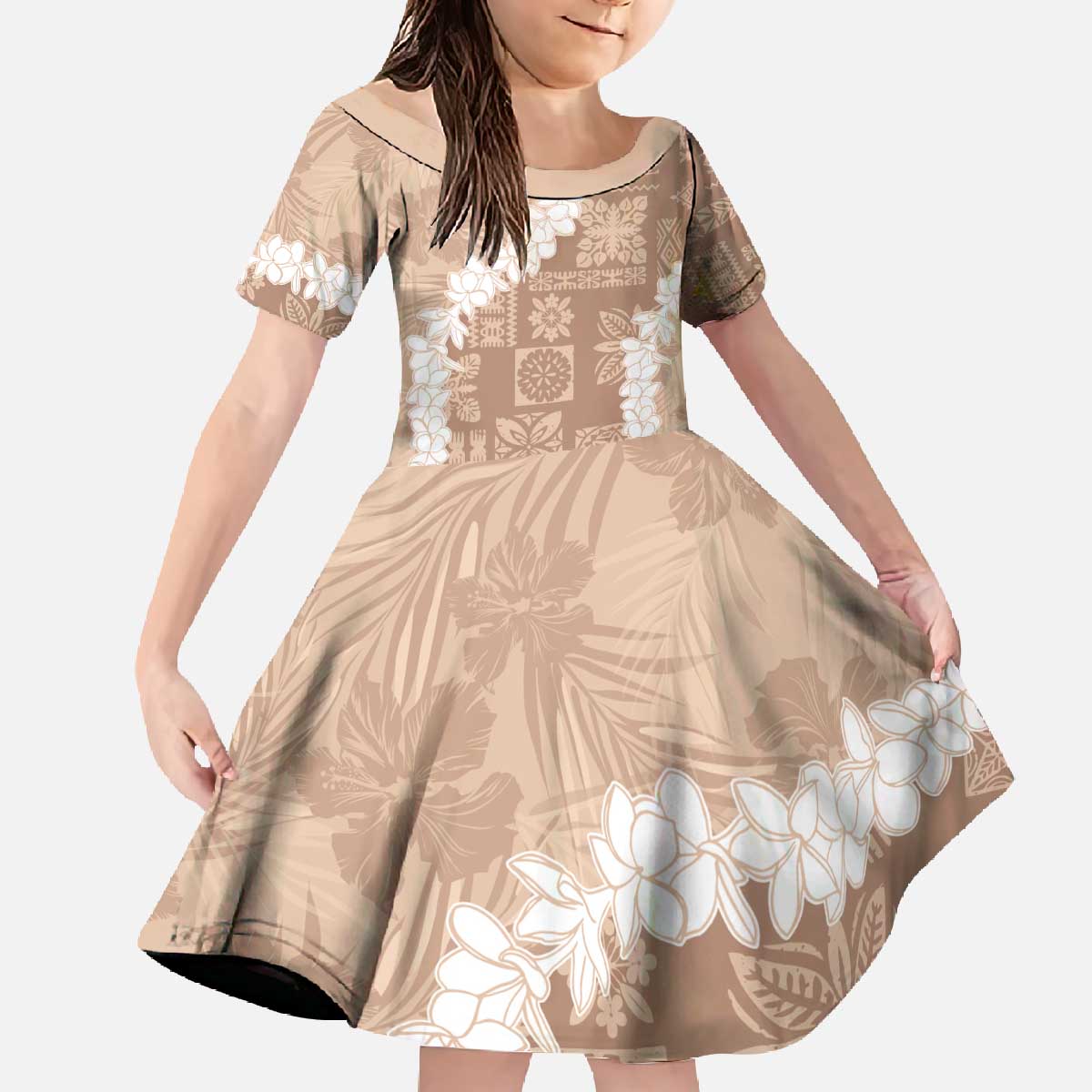 Hawaii Aloha Family Matching Off The Shoulder Long Sleeve Dress and Hawaiian Shirt Beige Quilt Patch Work Mix Plumeria Lei LT7 Daughter's Dress Beige - Polynesian Pride