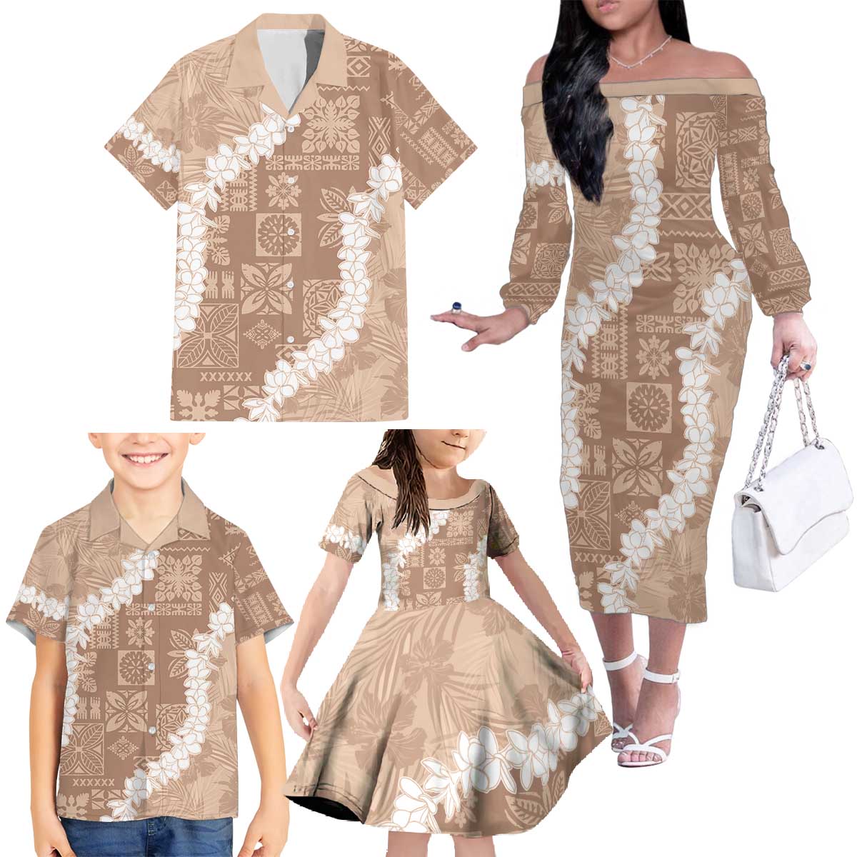 Hawaii Aloha Family Matching Off The Shoulder Long Sleeve Dress and Hawaiian Shirt Beige Quilt Patch Work Mix Plumeria Lei LT7 - Polynesian Pride